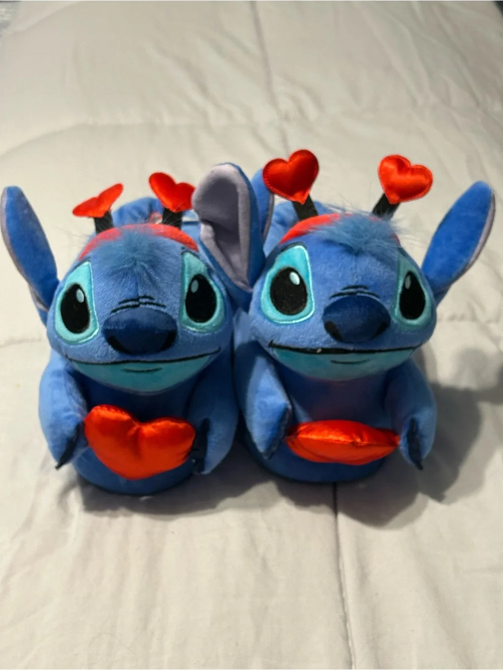 Disney Blue Stitch Plush Slippers with Red Heart Details